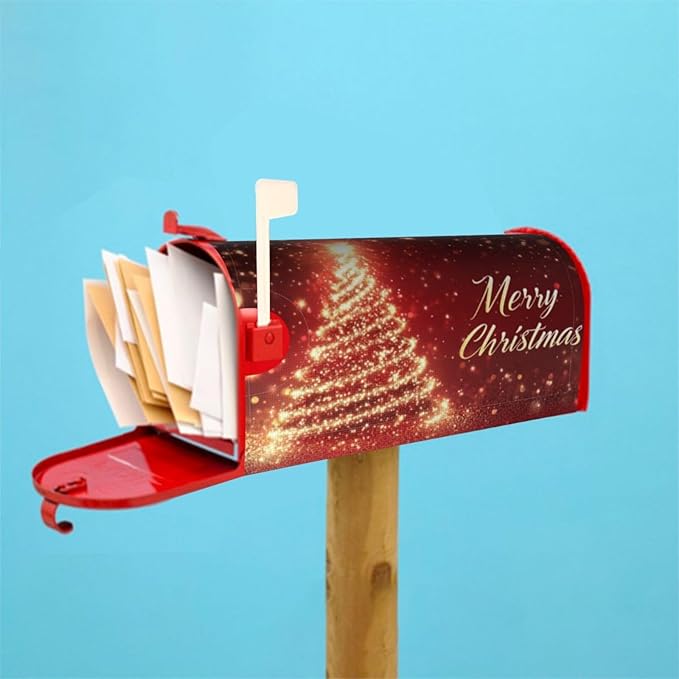 Festive Magnetic Mailbox Cover Red Pine Tree Christmas Pattern Outdoor Mailbox Protector Holiday Seasonal Decorative Garden Yard Home Large Size 25.5 x 21 Inch