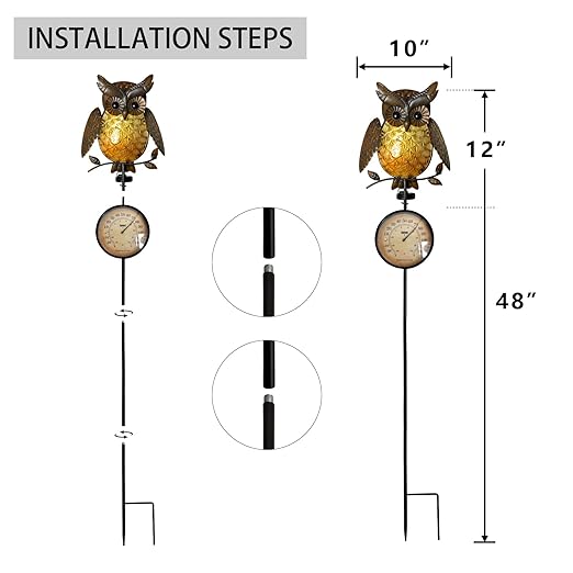 HONGLAND Solar Outdoor Temp Stakes Outdoor Thermometers for Outside Metal Owl Waterproof Patio Lawn Temperature with Solar Warm LED Lights for Yard and Garden, Holiday Gifts for Man Woman