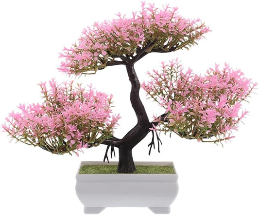 Pink Faux Bonsai Tree Simulated Small Plastic Desk Plant for Home Decor Mini Artificial Bonsai Plant for Living Room and Office Decoration