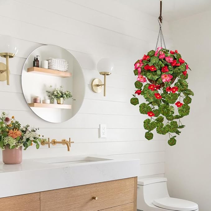 Briful Geraniums Fake Flowers Hanging Basket Outdoor, Silk Summer Vine Faux Flowers, Begonia Artificial Flowers, 5 ⅞’’ Coconut Basket, for Home Farmhouse Balcony Indoor Patio Garden Decor