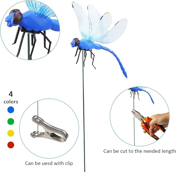 16 Pack Fake Dragonfly Clips, 3D Dragonfly Garden Stakes Decor Dragon Fly Hat Clip Dragonfly Humming Bird Stakes Deer and Horse Bird and Fly Scare Devices Repellent Accessory for Gardening Patio Yard