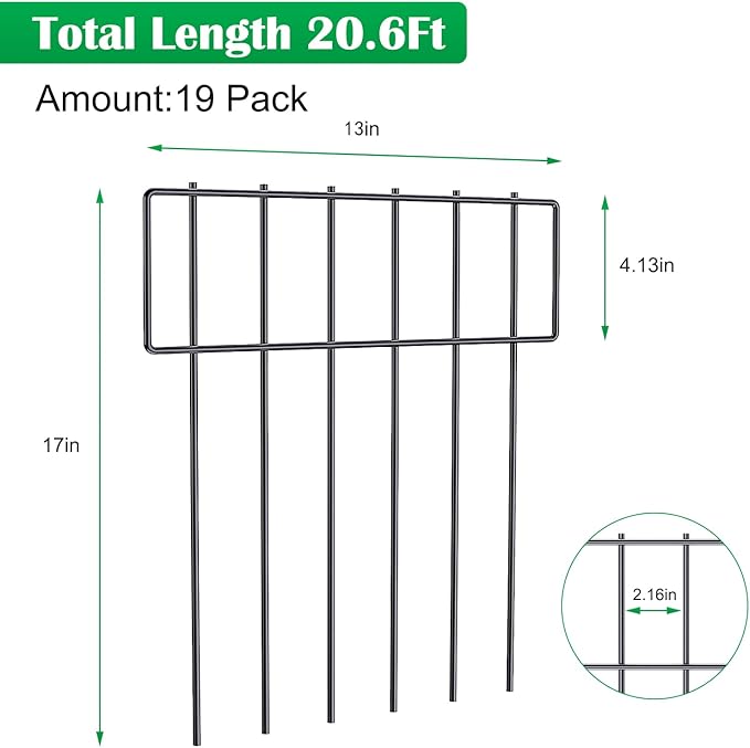 19 Pack Animal Barrier Fence, 17 in(H) X 20.8 Ft(L) Decorative Garden Fencing, Rustproof Metal Wire Garden Fence Border, Dog Rabbits Fence No Dig for Outdoor.