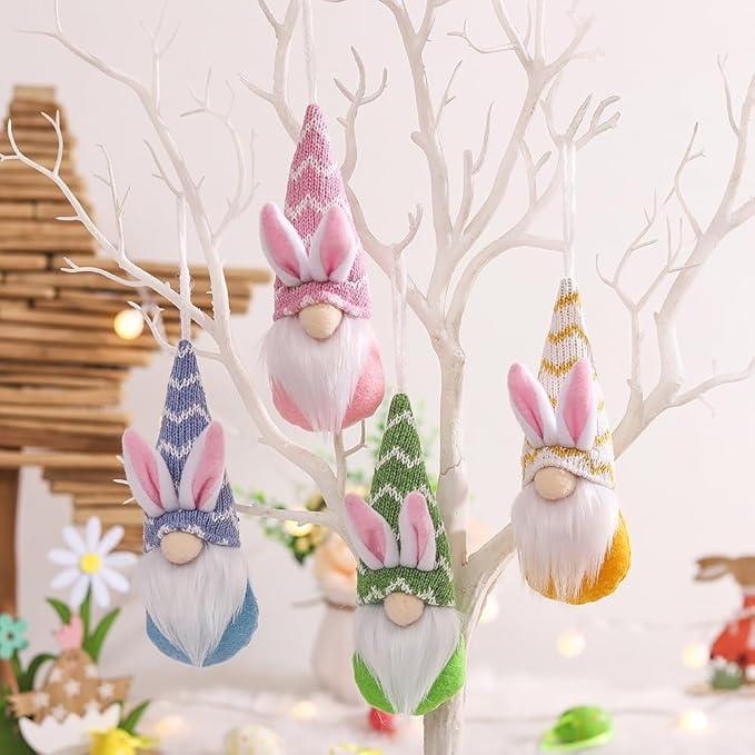 Easter Bunny Gnome Ornaments Set of 4, Faceless Doll Plush Rabbit Gnomes Hanging Ornaments for Easter Tree Decorations, Spring Holiday Home Decor