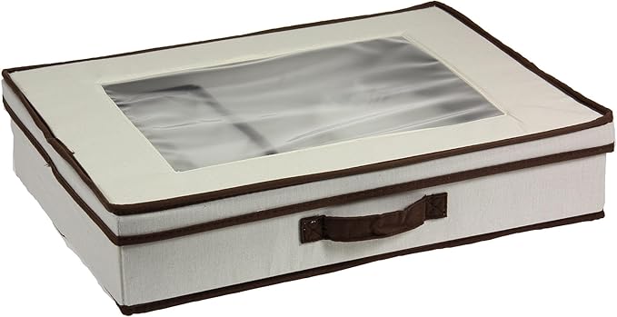 Household Essentials Natural 545 Vision Box with Lid and Handles | Tabletop Linen Storage Set Canvas with Brown Trim