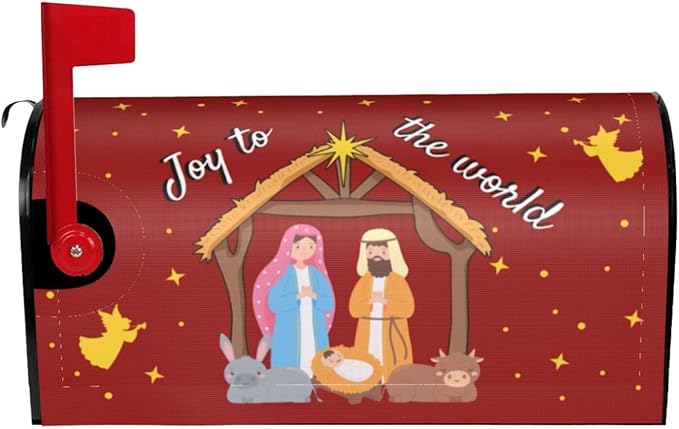 Chrismas Joy to The World Mailbox Cover, Winter Holiday Outdoor Magnetic Mailbox Cover, Post Letter Box Decor for Religious Xmas Jesus Nativity Scene Garden 25.5 X 21