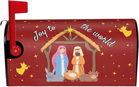 Chrismas Joy to The World Mailbox Cover, Winter Holiday Outdoor Magnetic Mailbox Cover, Post Letter Box Decor for Religious Xmas Jesus Nativity Scene Garden 25.5 X 21