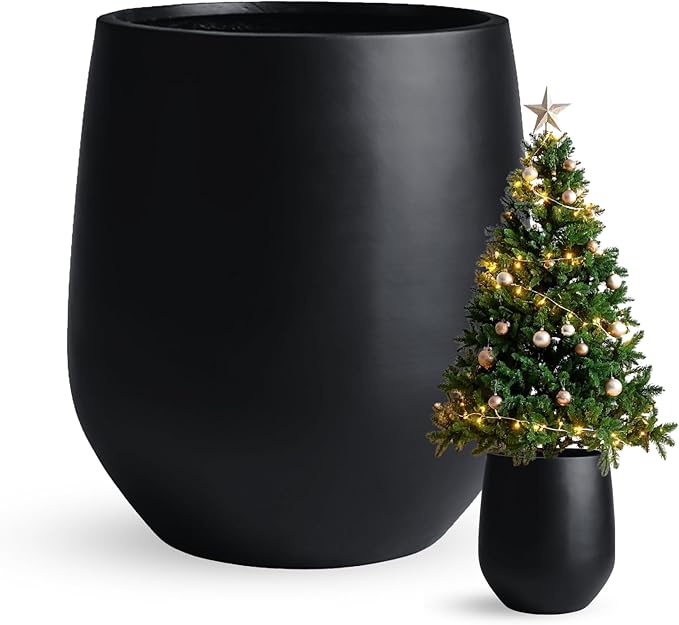 16.5" H x 15" D Corso Fiberstone Round Tapered Planter - Christmas Tree Planter, Smooth Finishes, Weather Resistant for Indoor & Outdoor Use, 2 Extra Coco Mats (Black, 11.5" Pot Opening)