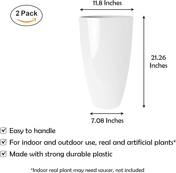 RUBBER BOND Plant Pots 2 Pack - Modern Indoor/Outdoor Planters for Home Decor - Weather-Resistant Large Flower Pots - Lightweight 22 Inches Tall Planters - White Glossy Round Pots for Plants