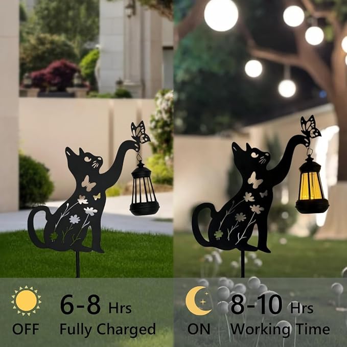 Metal Black Cat Christmas Decorations Outdoor Solar Lights Outdoor Garden Stakes Decorations Lawn Ornament Yard Art Gifts for Women Men Cat Lovers Gifts(1pc)