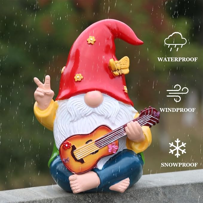 Hippie Garden Gnome Statue,Funny Gnome Figurine with Guitar -9.3‘’ Outdoor Resin Lawn Ornament,Unique Gift for House,Lawn,Patio and Porch, Gifts for Garden Lovers