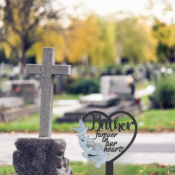 HPMAISON 11 inch Metal Brother Memorial Stake Grave Decorations for Cemetery Gravesite Sympathy Markers Waterproof Memorial Gifts for Loss of Brother Tombstones Plaque Outdoors Lawn Yard Decor