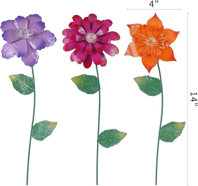 Floral Garden Stake Glow in Dark Plant Pick Water Proof Metal Flower Stick for Outdoor Garden Decor, Set of 3