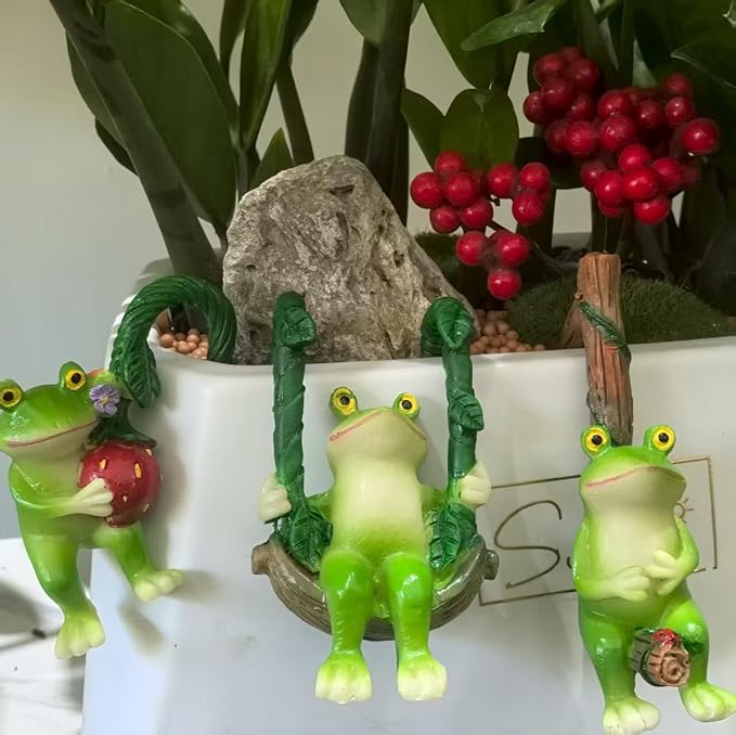 3 Pieces Outdoor Statues, Courtyard Outdoor Climbing Frog Decoration, Frog Statues, Outdoor Garden Resin Crafts, Flower Pot Landscape Frog, Miniature Landscape Pendant