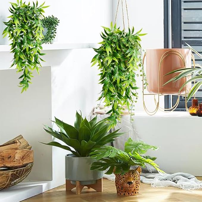 SzJias Artificial Hanging Plants Fake Bamboo Leaves Plants Fake Hanging Plants for Patio Porch Outdoor Plants Decor (2 Pcs)