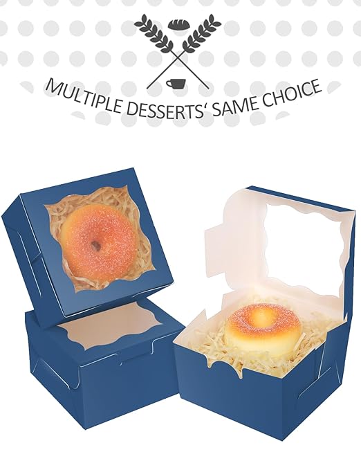qiqee Blackish Blue Bakery Box with Window 4x4x2.5 inch 30Packs Macaron Boxes Small Donut Pastry Boxes for Party Mini Cookie Boxes