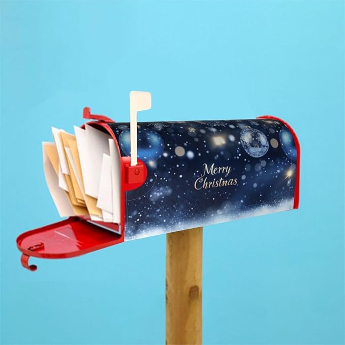 Festive Magnetic Mailbox Cover Christmas Blue Ball Pattern Outdoor Mailbox Protector Holiday Seasonal Decorative Garden Yard Home Standard Size 21 x 18 Inch