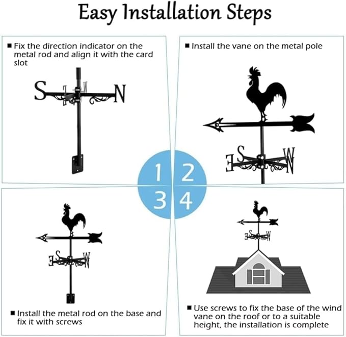 Rooster Weathervane Silhouette Art Black Metal Cock Wind Vanes Indicator Kit Outdoor Bracket for Garden Roof Yard Building (J)