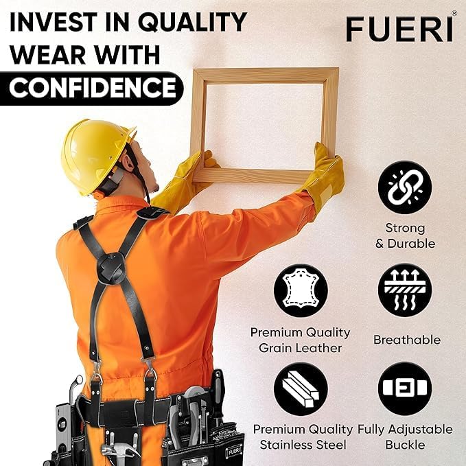 FUERI Leather Tool Belt With Suspenders Heavy Duty Bags Tool Pouches For Men Carpenters Construction Electricians Framers Womenn Workers