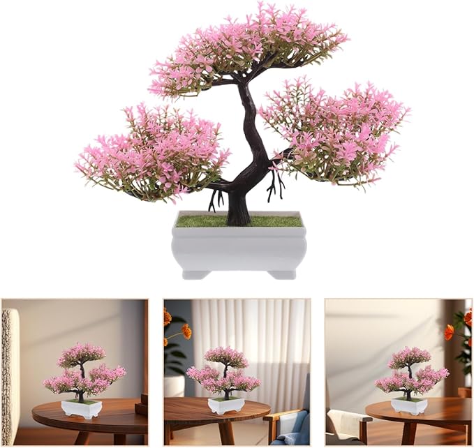 Pink Faux Bonsai Tree Simulated Small Plastic Desk Plant for Home Decor Mini Artificial Bonsai Plant for Living Room and Office Decoration
