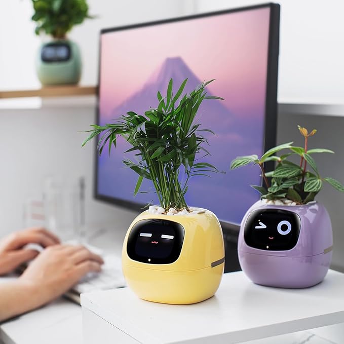 Ivy Intelligent Flower Pot for Home Decoration Plants Companion Neat Desk Setup Gift Smart Pet Planter Robot Guidance on Plant Care with Emojis Pet Friends (White)
