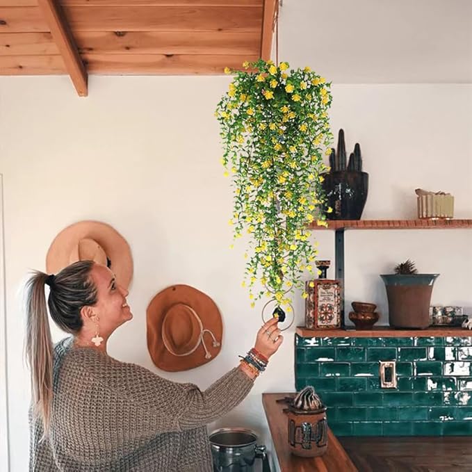 WEISPARK Artificial Hanging Flowers, 4pcs Fake Eucalyptus Vine Faux Flower Greenery Garland Plastic Plants for Indoor Outdoor Wall Garden Wedding Home Party Decor (Yellow)