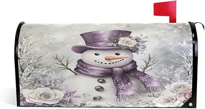 SUABO Mailbox Cover Snowman Purple Hat Rose Standard Magnetic Mailbox Covers Wraps for Christmas Home Yard Garden Decor
