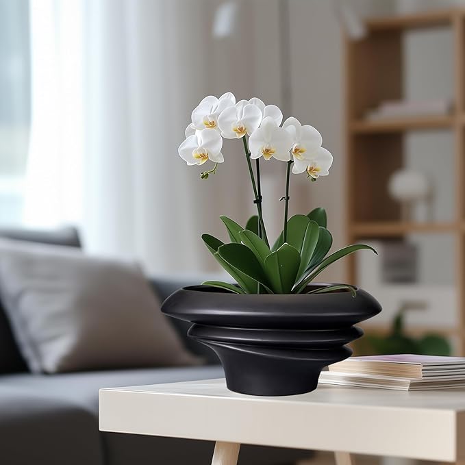 SQOWL Bonsai Pot 10 Inch - Ceramic Succulent Planter with Drainage Hole Large Plant Pot for Indoor Plants Outdoor Modern Home Decor Black