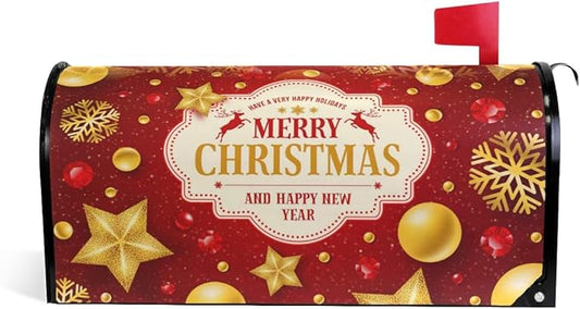 WOOR Red and Gold Christmas Magnetic Mailbox Cover with Snowflakes Oversized-20.8"x 25.5"