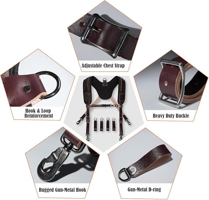 WELKINLAND Top-Grain Tool Belt Suspenders, Heavy-Duty Tool Belt Suspender For Men, Comfy Padded Tool Belts Suspenders, Adjustable Extra-Thick Leather Tools Belt Suspenders For Men