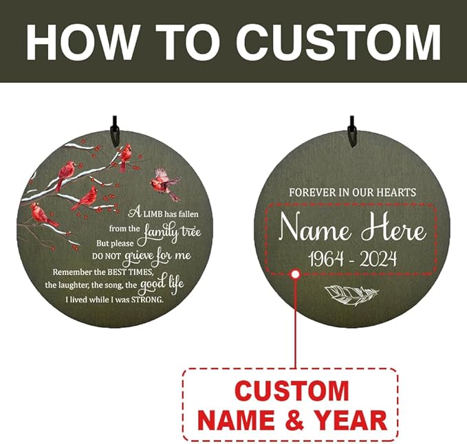 Personalized Sympathy Wind Chime, 36 Inch Memorial Wind Chimes for Outside, Cardinal Wind Chimes, Wind Chime Deep Tone for Loss of Loved One for Condolences/Funeral, Product in USA