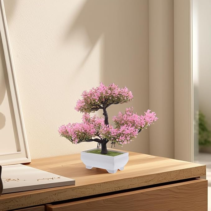 Pink Faux Bonsai Tree Simulated Small Plastic Desk Plant for Home Decor Mini Artificial Bonsai Plant for Living Room and Office Decoration