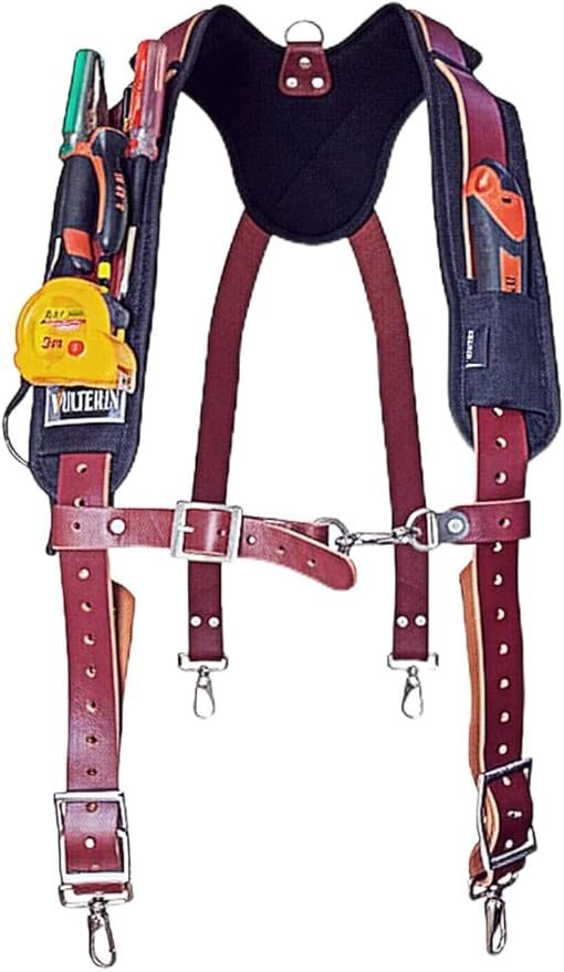 Falcon Gears Leather Tool Belt Suspenders Heavy-Duty Adjustable Harness with Padded Support, 4 Rig Loops, Front Hook for Work