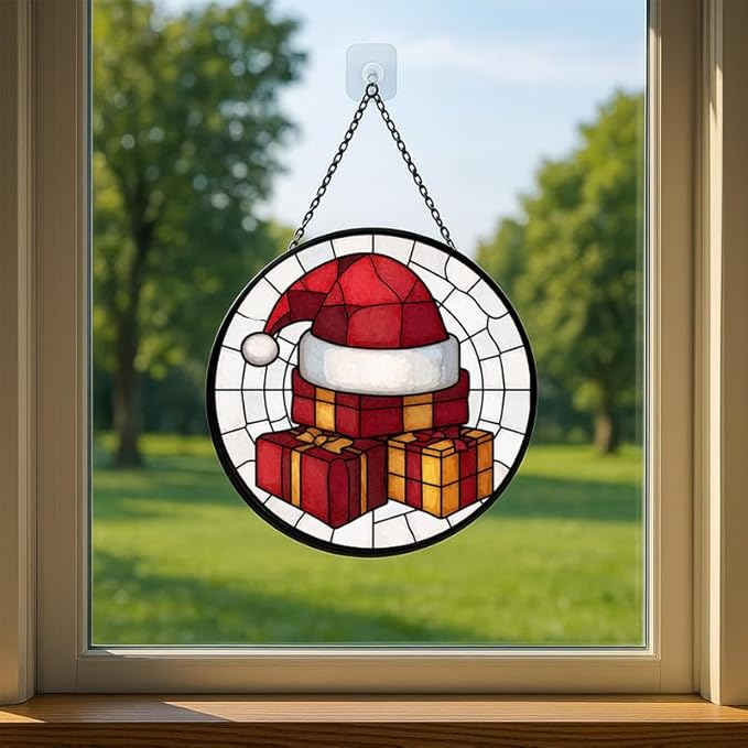 Stained Glass Window Hanging – 11.8 in Santa Hat Gift Box Panel with Chain， Bathroom Front Door Living Room Garden Decor， Gift for Mom Wife Lovers