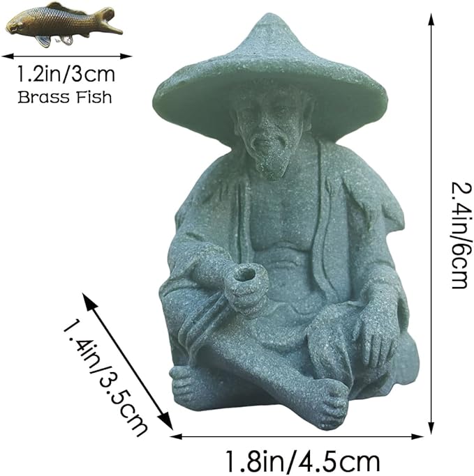 livelyfish Mini Fisherman Statue Asian Zen Decoration Sitting Fishing Figurines Sandstone Vintage Ornament for Aquarium Fish Tank Pot Garden Home Japanese Decor, C