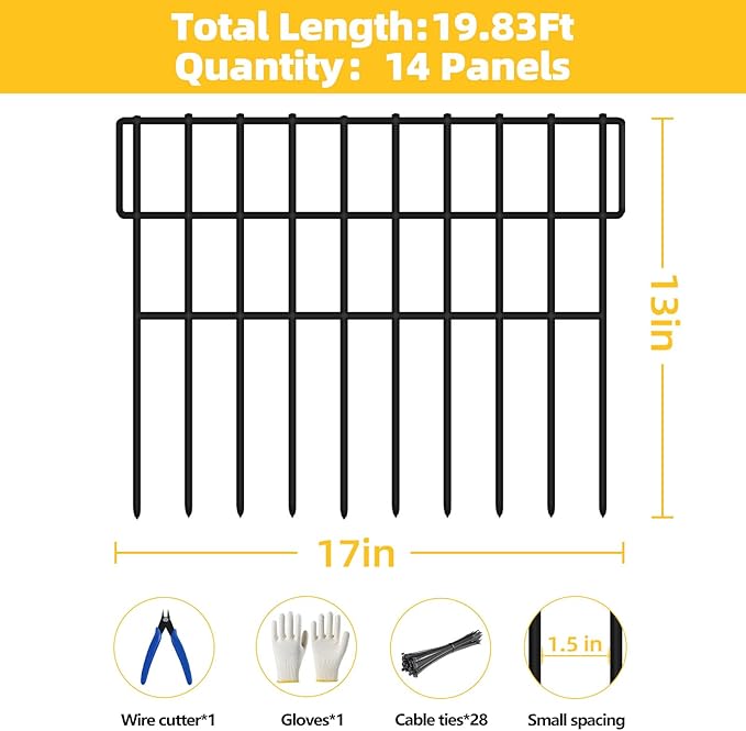 14 Panels Garden Fence Animal Barrier, Animal Barrier Fences No Dig Fence, 19.83ft(L) x 13in(H) Dog Fencing Rabbit Fences, 1.5in Spike Spacing Rustproof Metal Fences Border for Outdoor Yard
