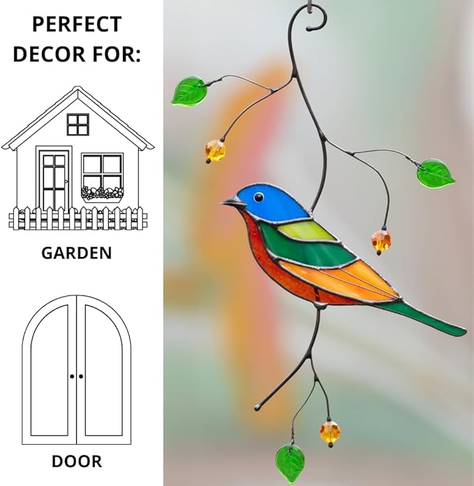 Painted Bunting Birds Handmade Stained Glass Suncatcher Stained Glass Window Hangings Unique Kitchen Decoration (Painted Bunting)
