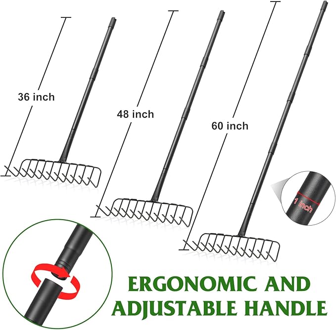 Garden Rake for Leaves, 60 Inch Heavy Duty Rakes for Lawns Yard Mulch Gathering, Metal Thatch with Adjustable Handle, Wide Bow Rake Head for Grass Deribs