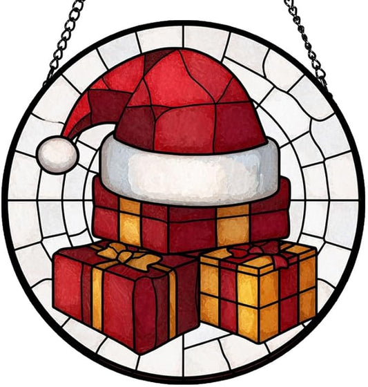 Stained Glass Window Hanging – 7.8 in Santa Hat Gift Box Panel with Chain， Bathroom Front Door Living Room Garden Decor， Gift for Mom Wife Lovers