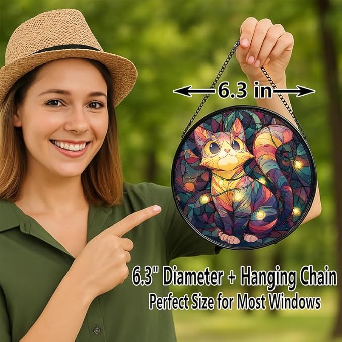 Stained Glass Window Hanging – 6.3 in Cute Cat with Lights Panel with Chain， Bathroom Front Door Living Room Garden Decor， Gift for Mom Wife Lovers