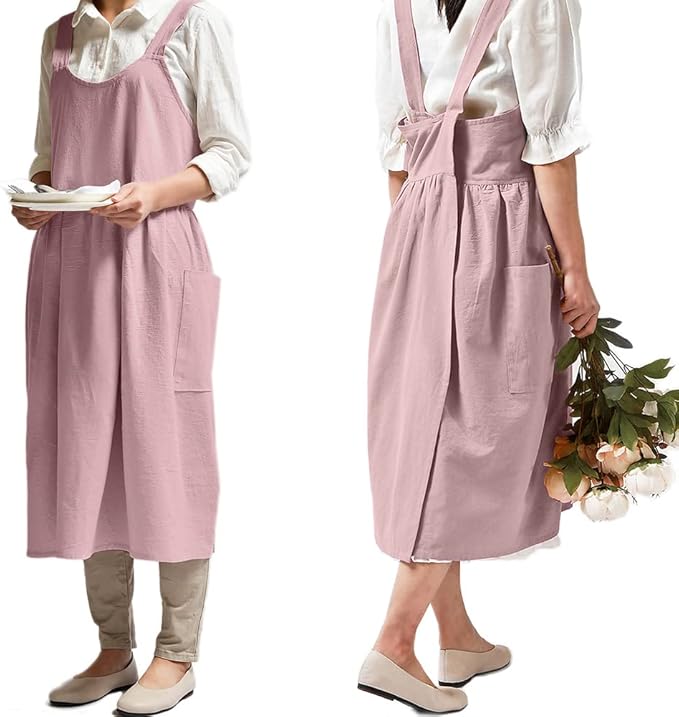 NEWGEM Cotton Linen Cross Back Apron for Women with Pockets Cute Japanese Korean Style Pinafore Dress Pink