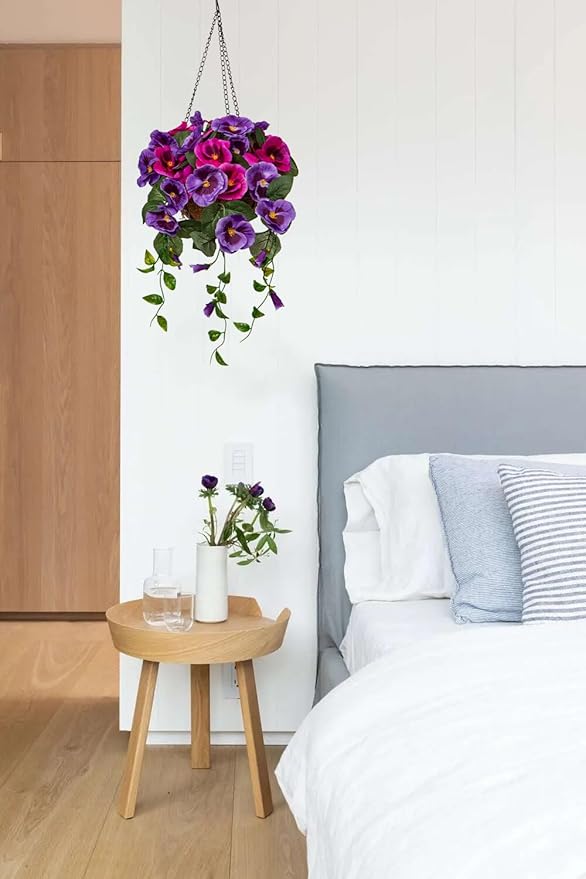 Briful Small Fake Flowers Hanging Basket, Pansy Artificial Flowers, Realistic Silk Spring Bloom Faux Flowers, 5 ⅞’’ Coconut Basket, for Home Farmhouse Balcony Outdoor Patio Garden Decor