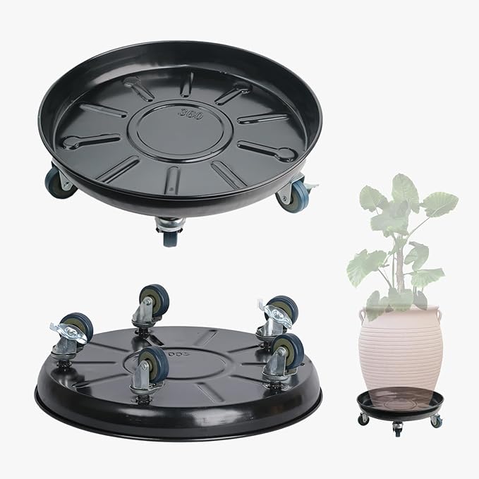 3 Pack Metal Plant Caddy With Wheels 14 Inch Black, Round Rolling Heavy Duty Plant Dolly, Heavy Plant Pot Mover Outdoors or Indoors, The Metal Wheel Can Rotate 360 Degrees or Lockable.