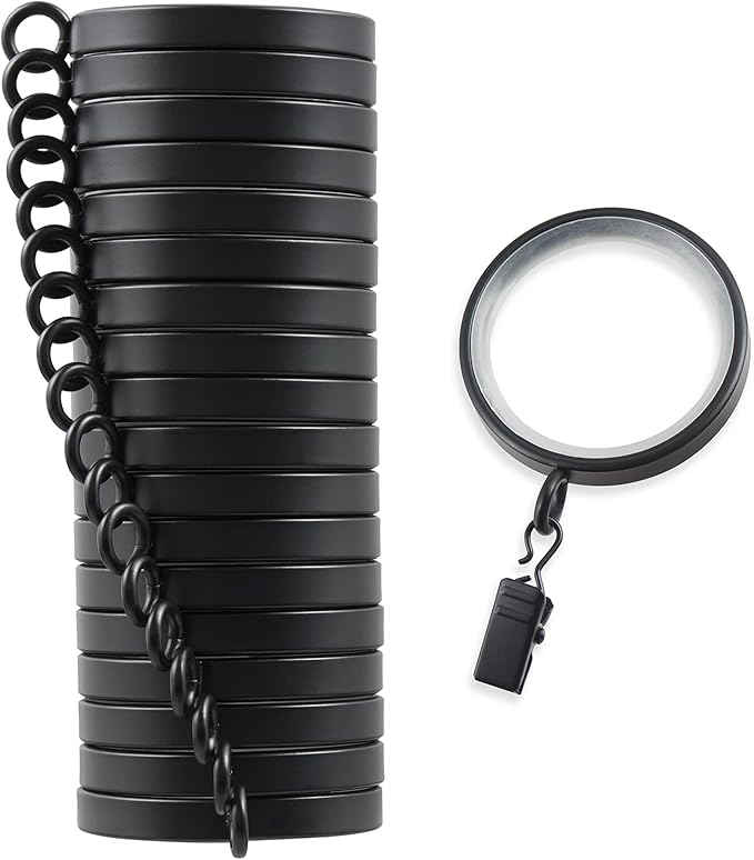 MODE Cambria Designer Series - Premium Easy Glide 18 Count Curtain Rings - Metal with Smooth, Quiet Nylon Inserts with Clips - 2 inch Diameter (1-5/8 inch Inside Diameter) - Satin Black Finish