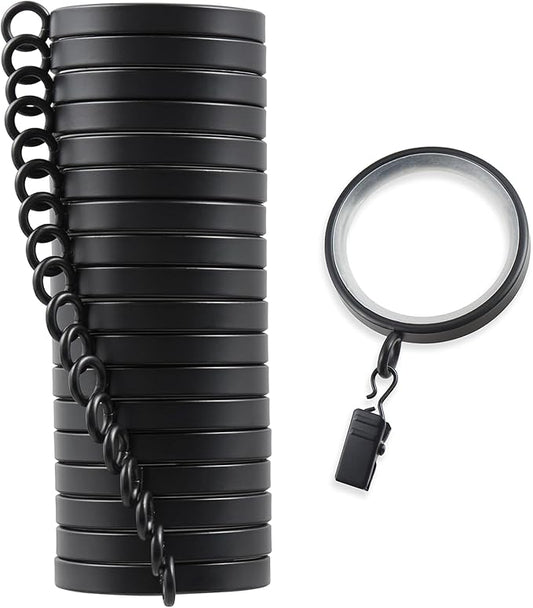 MODE Cambria Designer Series - Premium Easy Glide 18 Count Curtain Rings - Metal with Smooth, Quiet Nylon Inserts with Clips - 2 inch Diameter (1-5/8 inch Inside Diameter) - Satin Black Finish