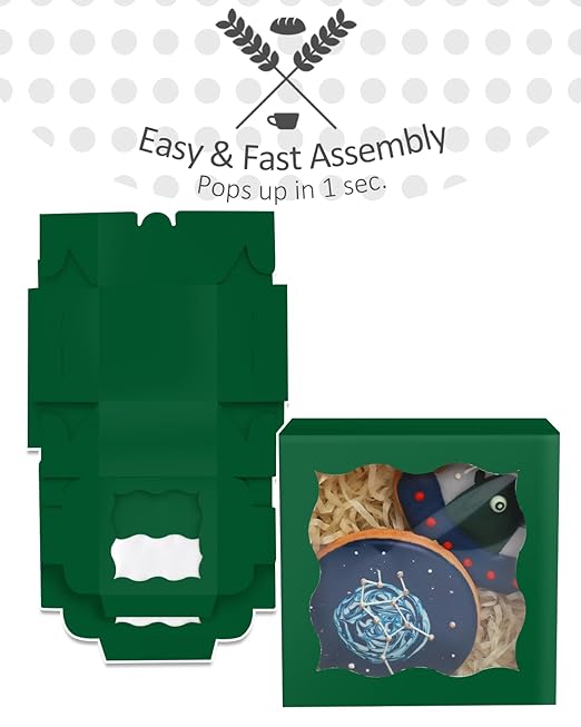 qiqee Deep Green Bakery Box with Window 4x4x2.5 inch 30Packs Macaron Boxes Small Donut Pastry Boxes for Party Mini Cookie Boxes