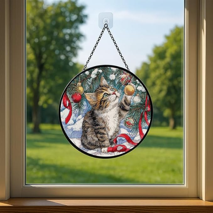 Stained Glass Window Hanging – 11.8 in Christmas Kitten Panel with Chain， Bathroom Front Door Living Room Garden Decor， Gift for Mom Wife Lovers