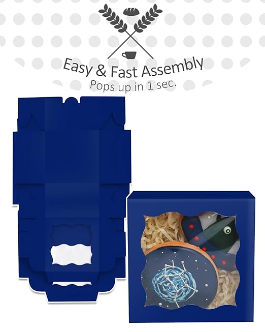 qiqee Deep Blue Bakery Box with Window 4x4x2.5 inch 30Packs Macaron Boxes Small Donut Pastry Boxes for Party Mini Cookie Boxes
