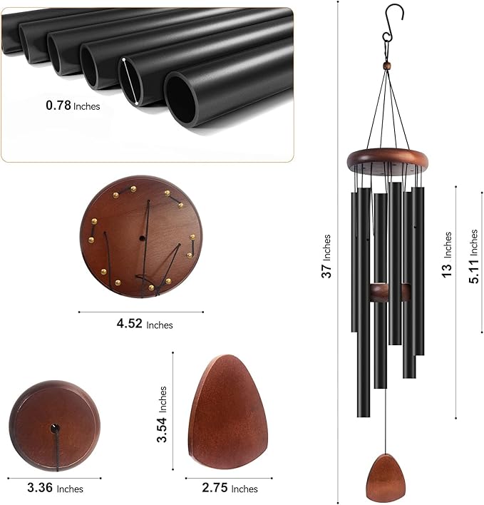 2pcs Wind Chimes for Outside with Wood Wind Catcher, 37 Inches Large Aluminum Windchimes Outdoors for Patio Decoration & Zen Atmosphere, Best Gifts for Mom(Black)
