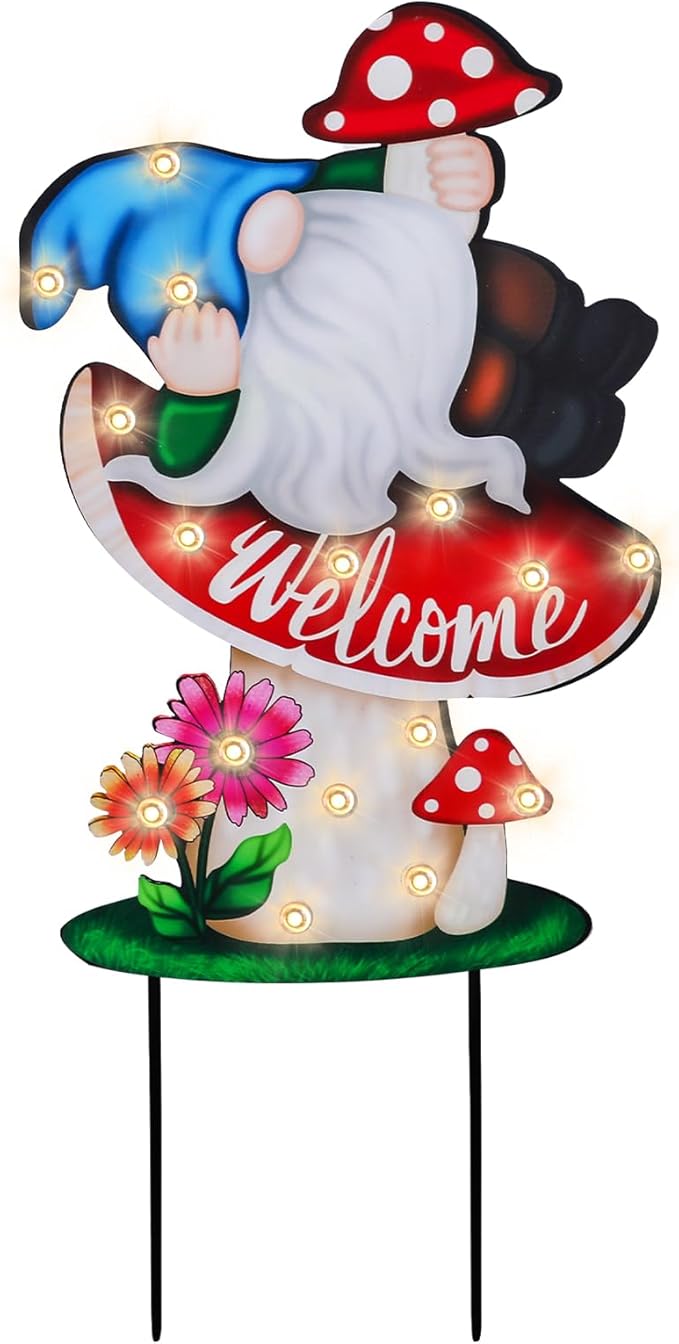 WONDER GARDEN Decorative Garden Stakes - Lighted Mushroom and Gnome Yard Sign Stakes with Flower, Spring Signs for Outdoor, Porch, Yard,Flower Bed Decor (Battery Operated)