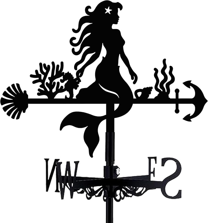 Little Mermaid Weathervane Coral Shells Metal Wind Vane Arrow Weathercock Garden Decoration Wind Direction Indicator Stake Roof Mount Ornament for Farmhouse Yard Outdoor